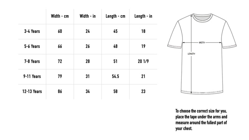 Size chart for 2026 Kids Shirt - Black