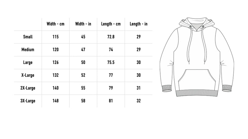 Size chart for Skeleton 2026 Lineup Hoodie - Black