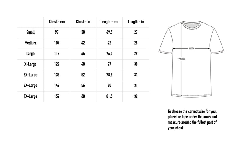 Size chart for 2025 Official T-Shirt - Yellow