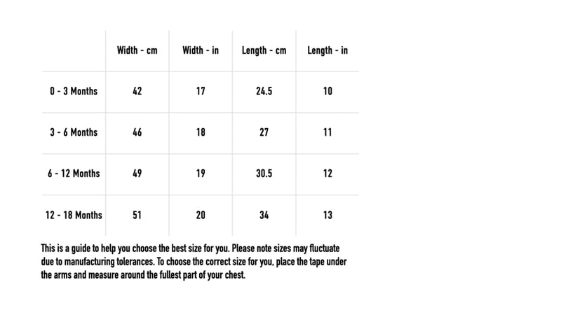 Size chart for 2026 Babygrow - Black